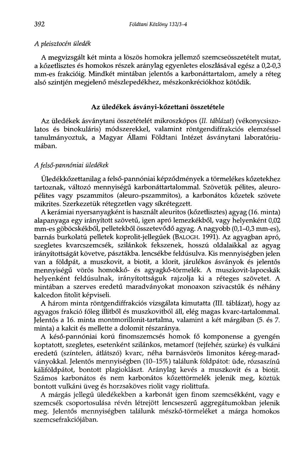 392 Földtani Közlöny 132/3-4 A pleisztocén üledék A megvizsgált két minta a löszös homokra jellemző szemcseösszetételt mutat, a kőzetlisztes és homokos részek aránylag egyenletes eloszlásával egész a