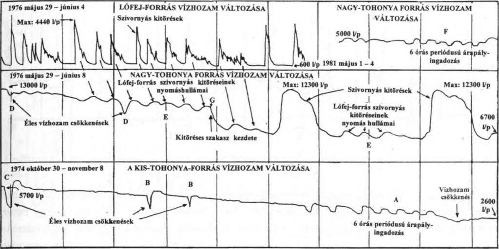 A legnagyobb, 3000 1/perces éles vízhozam-csökkenést 30 év alatt egy alkalommal ugyanilyen gyakorisággal a Vecsem-forrás hozam-idősorában is megtalálható (MAUCHA L. 1998).