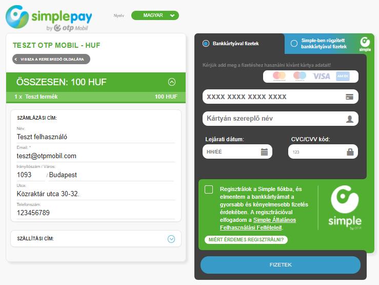 Fizetés a SimplePay felületen a Simple rendszerében tárolt