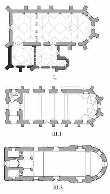Könyvszemle 389 1. ábra. Tipológiai vázlat. I. Középkori: Ráckeve, Istenszülő elhunyta templom (1487); II. Késő bizánci: Grábóc, Szt. Mihály és Gábriel arkangyalok kolostortemplom (1741); III. 18 19.