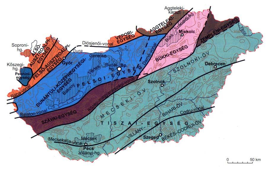 27. ábra: Magyarország mélyföldtani térképe, nagyszerkezeti vonalakkal (GLATZ et al. 2002) (piros vonallal a CEL 7 és CEL 8 szelvények) 5.1.
