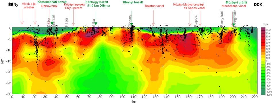 mágneses megoldások alapján ÉÉNy-ról nagyon mély, 10 15 km-es határfelületet látszik, amihez DDK-en egy 7 km-ig azonosítható határfelület kapcsolódik.