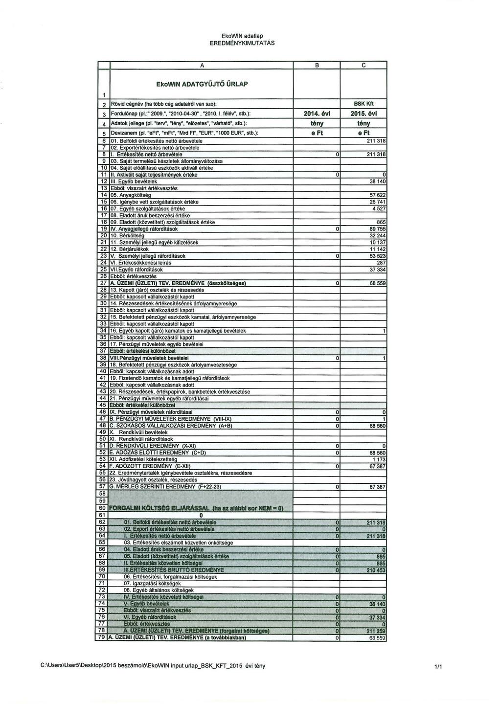 EREDMIONYKIMUT TÁS EkoWIN DTGYÚJTÓ ÚRLP 2 Rövid cégnév (ha több cég adatairól van szó): 3 Fordulónap (pl.:" 29.", "2-4-3", "2.. félév", stb.): 4 datok jllg (pl. "trv", "", "lőzts, "várható", stb.
