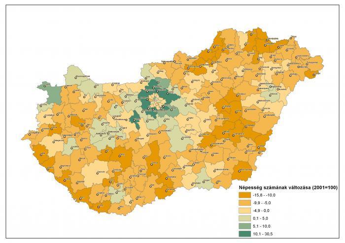 A népesség számának változása 2001-2010 között Forrás: TEIR, Tematikus térképek 5.