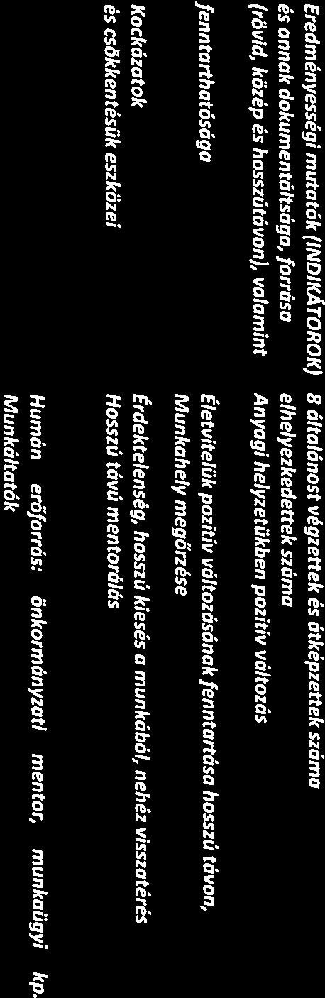 Kockázatok Érdektelenség, hosszú kiesés a munkából, nehéz visszatérés és csökkentésük eszközei Hosszú távú mentorálás Munkahely megőrzése fenntanhatósága Életvitelük pozitív változásának fenntartása