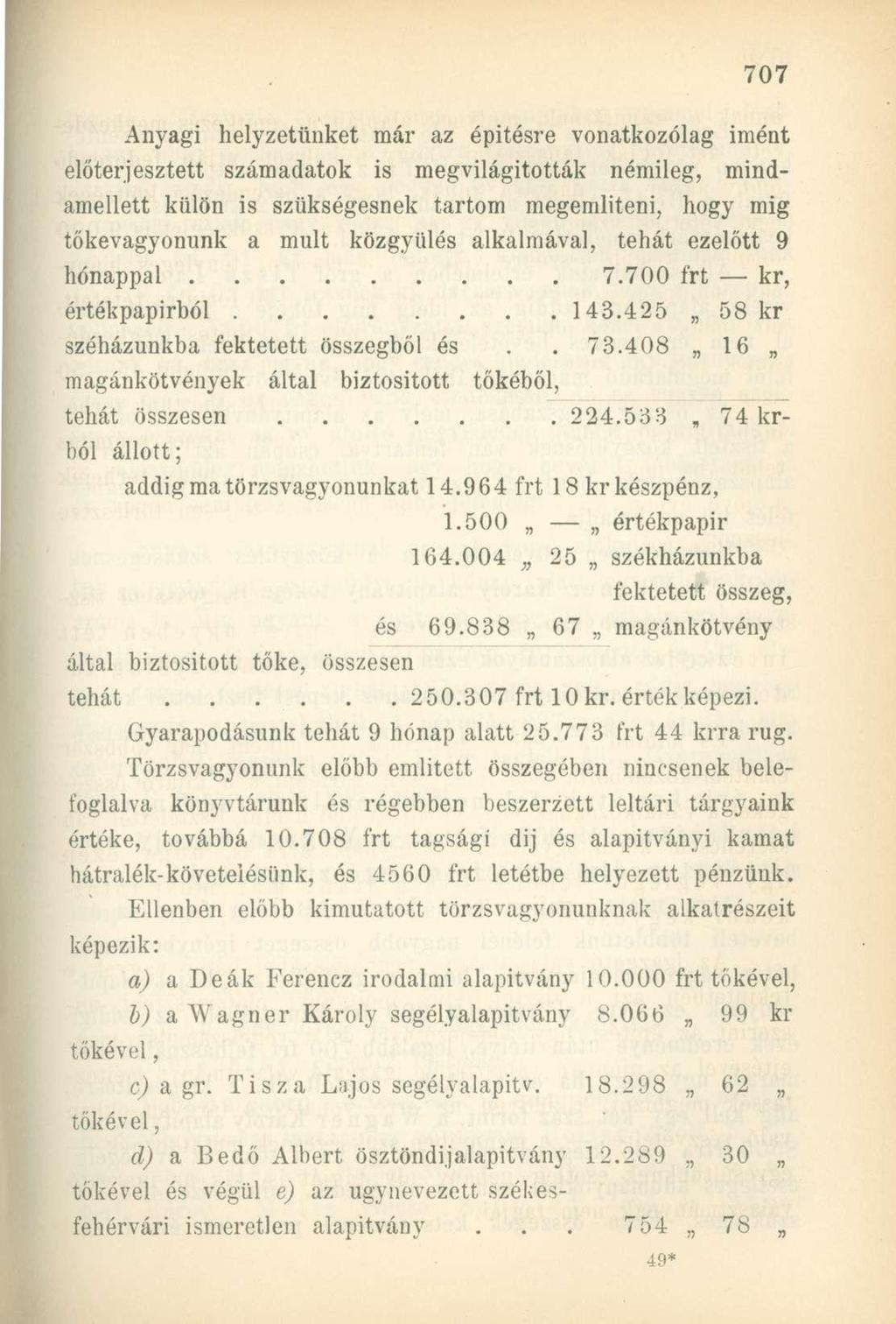 Anyagi helyzetünket már az építésre vonatkozólag imént előterjesztett számadatok is megvilágították némileg, mindamellett külön is szükségesnek tartom megemlíteni, hogy mig tőkevagyonunk a mult