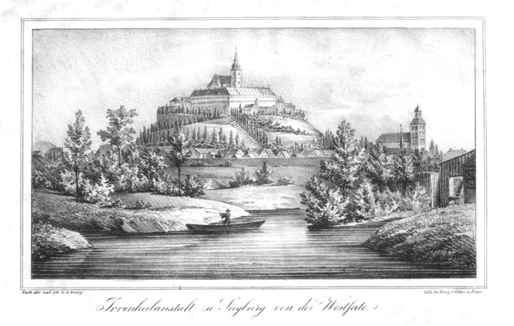 6.2. A gyógyító asylumok kora 169 26. kép. Siegburg képe 1825-ben virágoskertet alakítottak ki, szökőkúttal, árnyas lugasokban elhelyezett padokkal, székekkel.