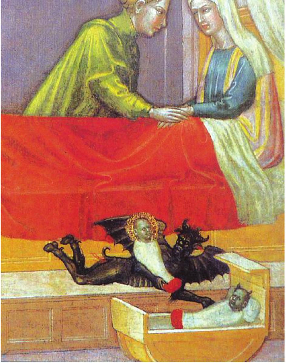 3.1. Szent Ágoston felfogása a fogyatékos személyekről 45 1. kép. Szent István vértanút csecsemőkorában elcseréli az ördög. Martino di Bartolomeo oltárképe, 15. század eleje szédnek tartották.