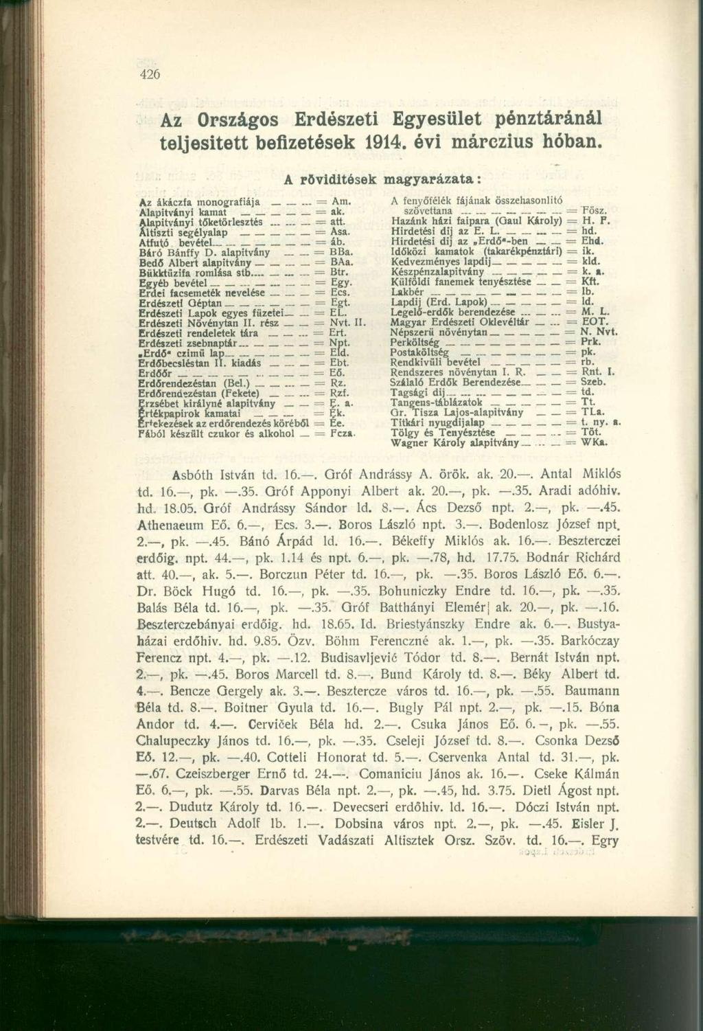 Az Országos Erdészeti Egyesület pénztáránál teljesitett befizetések 1914. évi márczius hóban. A rövidítések Az ákáczfa monográfiája = Am. Alapítványi kamat. = ak. Alapítványi tőketörlesztés = att.
