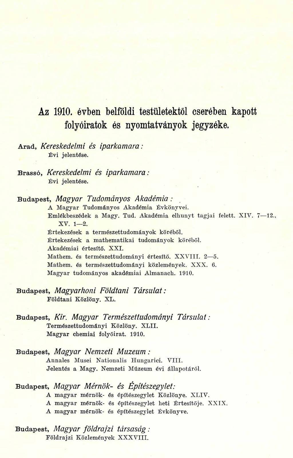 Az 1910. évben belföldi testületektől cserében kapott folyóiratok és nyomtatványok jegyzéke.