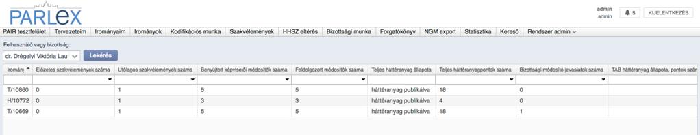 Az irományok kiválasztása után a rendszer lekérdezi és megjeleníti az kért adatokat. 40. KERESÉSI LEHETŐSÉGEK 40.1.