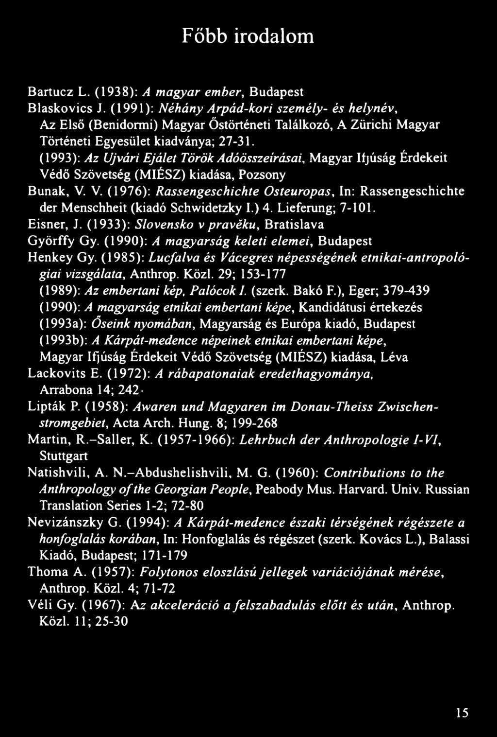 (1993): Az Újvári Ejálet Török Adóösszeírásai, Magyar Ifjúság Érdekeit Védő Szövetség (MIÉSZ) kiadása, Pozsony Búnak, V. V. (1976): Rassengeschichte Osteuropas, In: Rassengeschichte der Menschheit (kiadó Schwidetzky I.