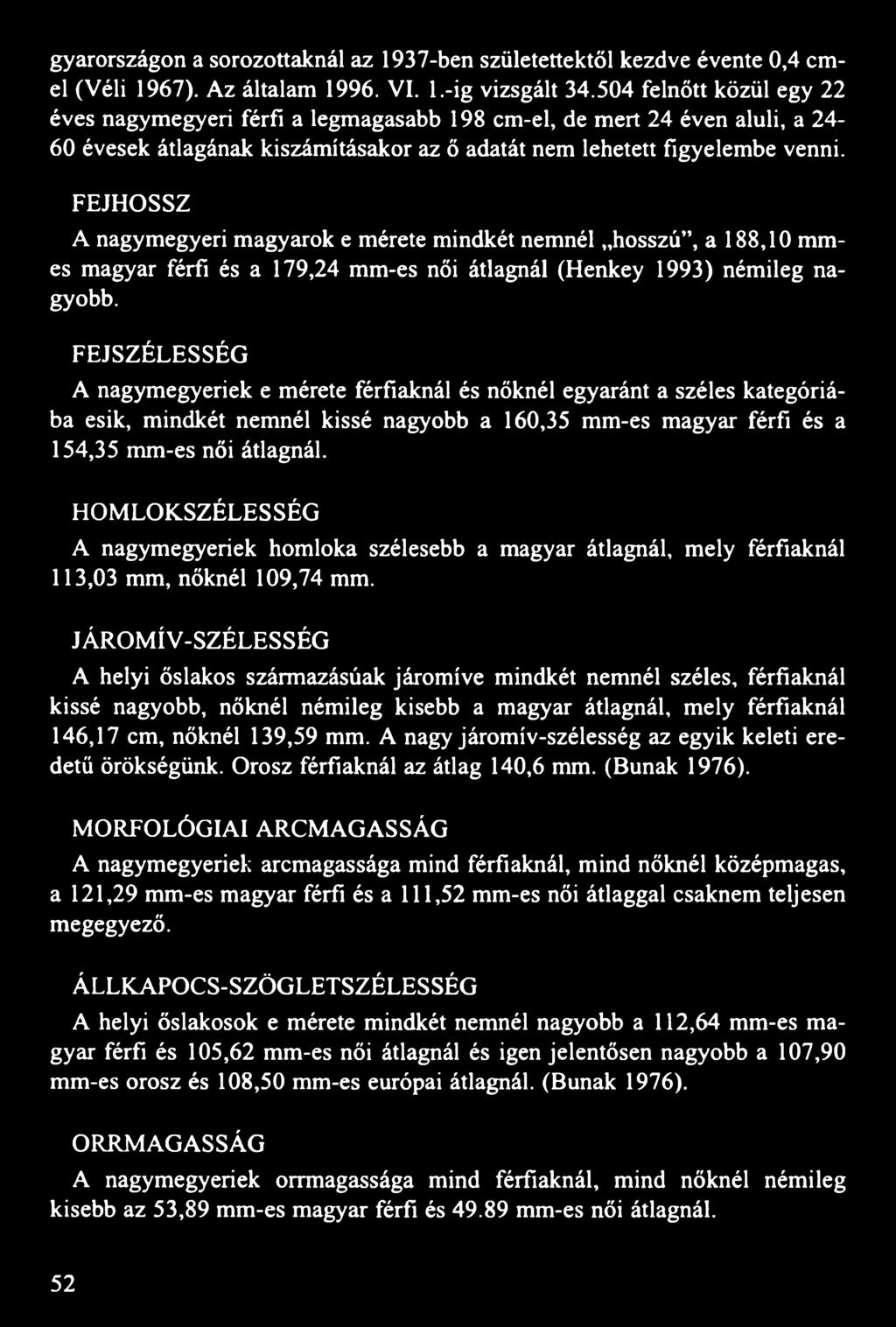 FEJHOSSZ A nagymegyeri magyarok e mérete mindkét nemnél hosszú, a 188,10 mmes magyar férfi és a 179,24 mm-es női átlagnál (Henkey 1993) némileg nagyobb.