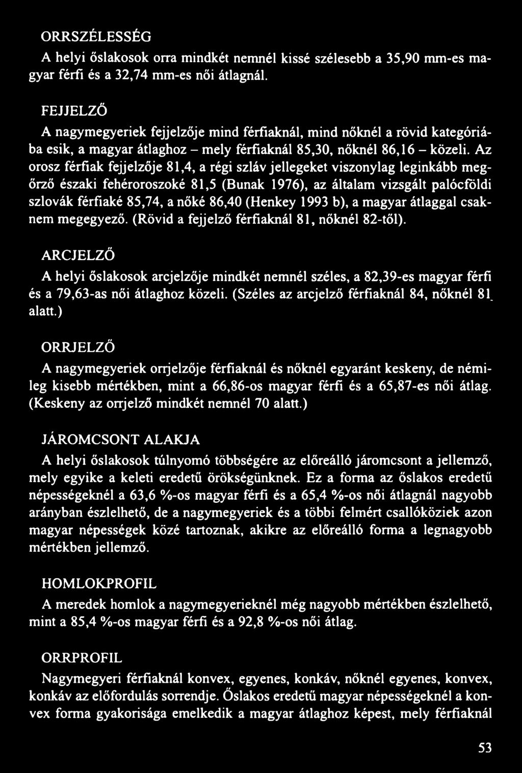 Az orosz férfiak fejjelzője 81,4, a régi szláv jellegeket viszonylag leginkább megőrző északi fehéroroszoké 81,5 (Búnak 1976), az általam vizsgált palócföldi szlovák férfiaké 85,74, a nőké 86,40
