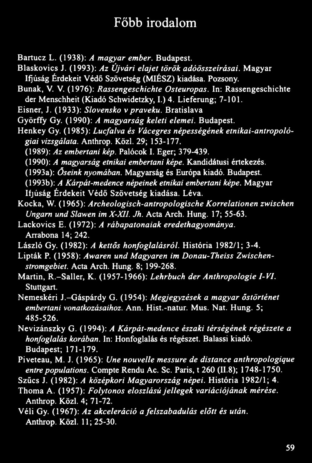 (1985): Lucfalva és Vácegres népességének etnikai-antropológiai vizsgálata. Anthrop. Közi. 29; 153-177. (1989): Az embertani kép. Palócok I. Eger; 379-439. (1990): A magyarság etnikai embertani képe.
