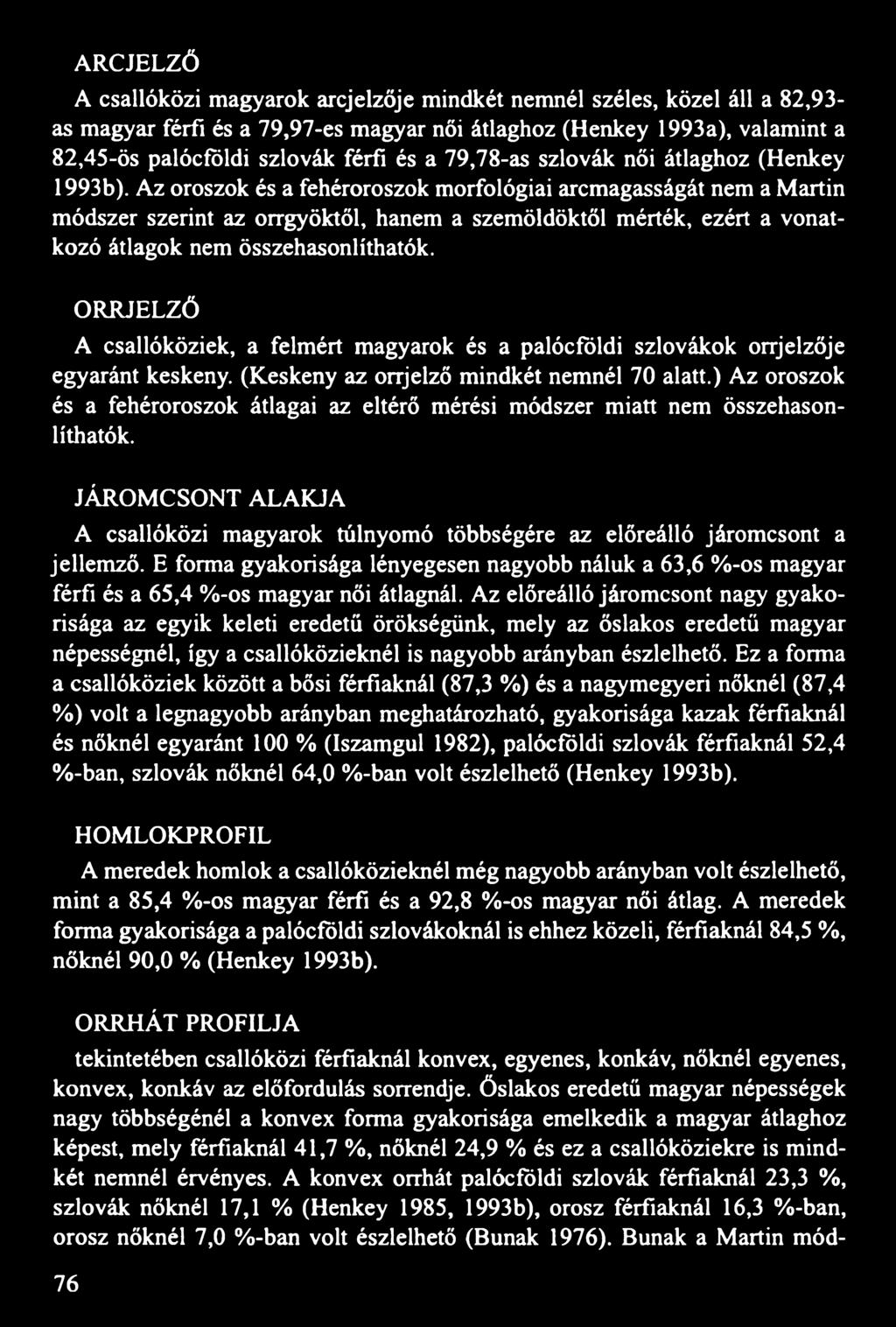 Az oroszok és a fehéroroszok morfológiai arcmagasságát nem a Martin módszer szerint az orrgyöktől, hanem a szemöldöktől mérték, ezért a vonatkozó átlagok nem összehasonlíthatók.