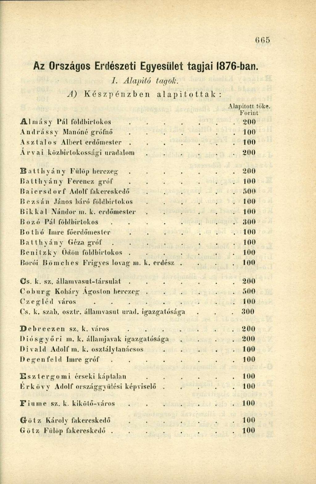 Az Országos Erdészeti Egyesület tagjai 1876-ban. I. Alapító tagok. A) Készpénzben alapítottak: Alapított tőke. Forint Akm aíy Pál földbirtokos 200 Andrássy Manóné grófnő.