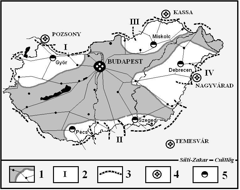 Korábbi régiók és regionális hatóterek maradványai a trianoni határok életbelépése után 1. Az ország területén marad régiódarabok határai a mai ország területen 2. A dualizmus korának régiói: I.