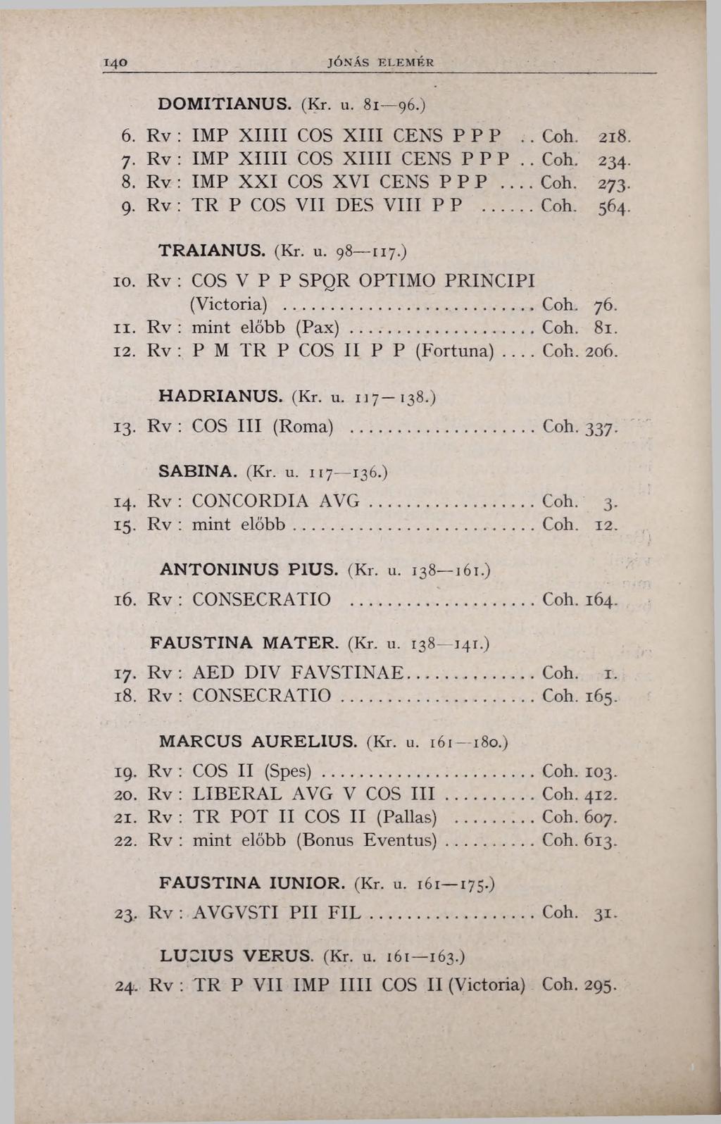 1 4 0 JÓNÁS ELEM ÉR D O M I T I A N U S. (Kr. u. 81 96.) 6. Rv : IMP XIIII COS XIII CENS P P P.. Coh, 218. 7. Rv : IMP X IIII COS X IIII CENS P P P.. Coh. 234. 8. Rv : IMP XXI COS XVI CENS P P P... Coh. 273.