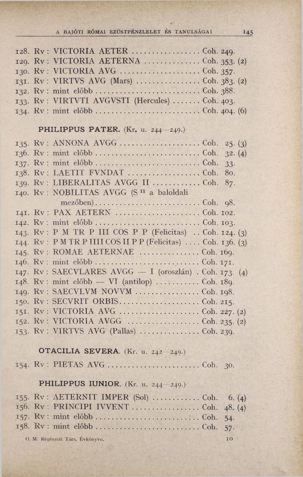 A BAJÓXX RÓMAI EZÜSTPÉN ZLELET ÉS TA N U LSÁ G A I 145 128. Rv : VICTORIA A ETER... Coh. 249. 129. Rv : VICTORIA AETERNA...Coh. 353. (2) 130. Rv : VICTORIA A V G...Coh. 357. 131.