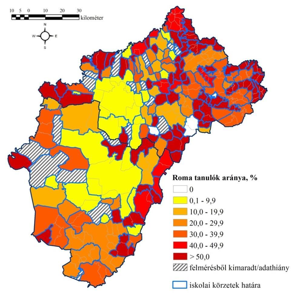 2. ábra: A roma tanulók aránya az általános iskolákban (Pénzes J. szerk.