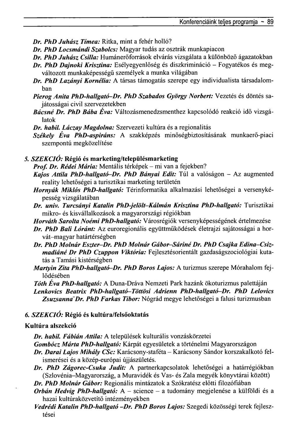 Konferenciáink teljes programja ~ 89 Dr. PhD Juhász Tímea: Ritka, mint a fehér holló? Dr. PhD Locsmándí Szabolcs: Magyar tudás az osztrák munkapiacon Dr.