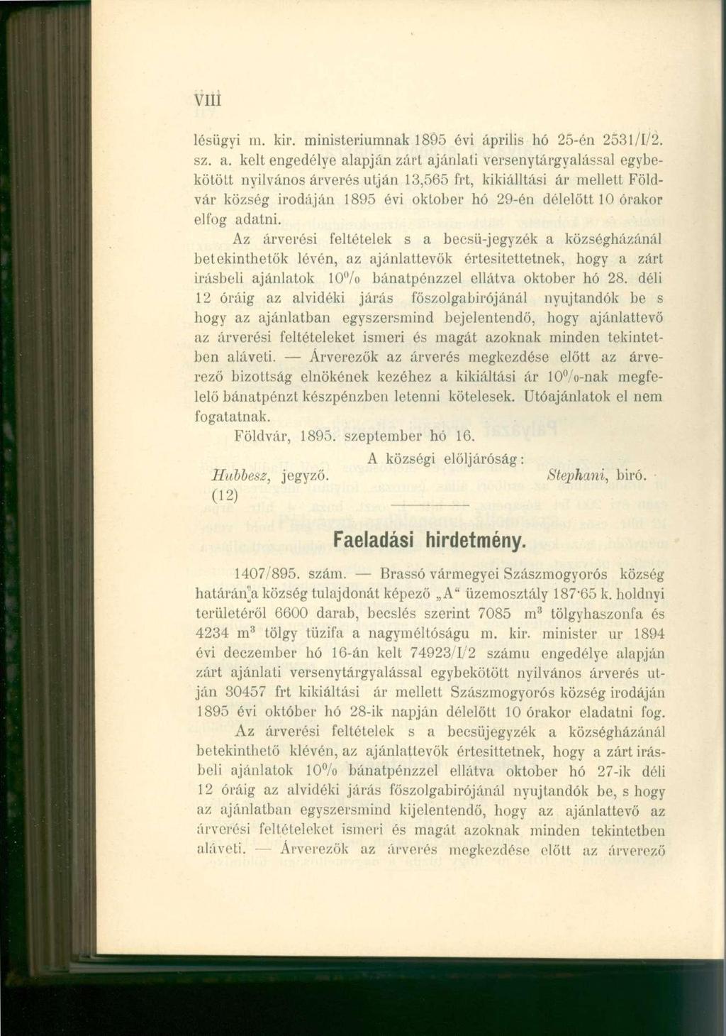 VIÜ lésügyi ni. kir. ministeriumnak 1895 évi április hó 25-én 2531/1/2. sz. a.