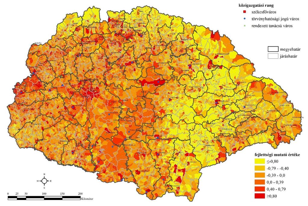 6. ábra Magyarország településeinek fejlettsége a Győri-féle mutatók alapján számolva az