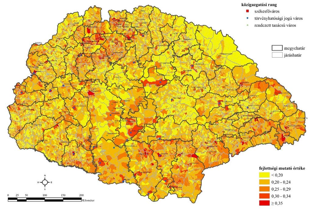 ábra Magyarország településeinek fejlettsége a területi fejlettségi index alapján