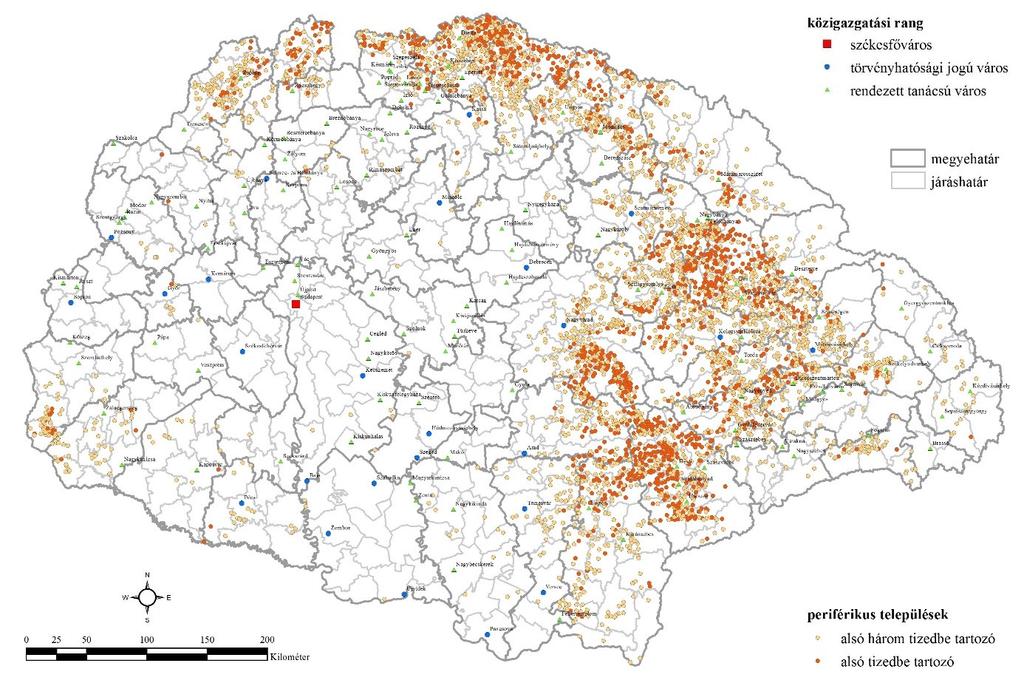 11. ábra Magyarország periférikus települései a Győri-féle mutatók alapján számolva az 1910-es közigazgatási beosztás szerint (Fiume nélkül). (Forrás: saját szerkesztés) 12.