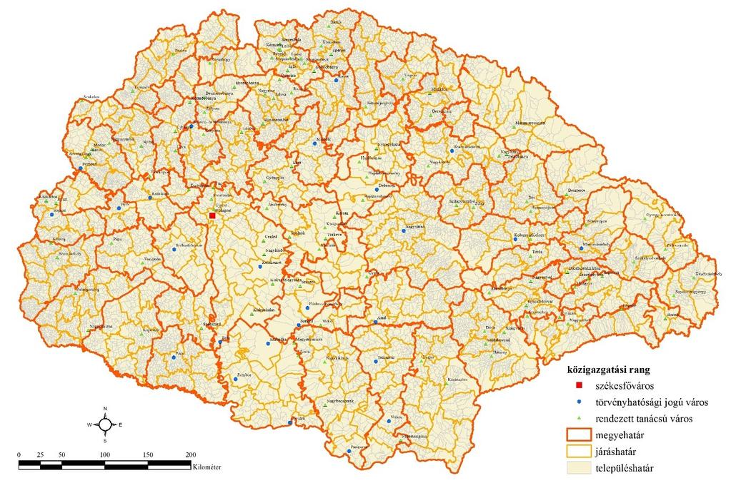 3. ábra Magyarország járásai és városai az 1910-es közigazgatási beosztás szerint (Fiume nélkül).