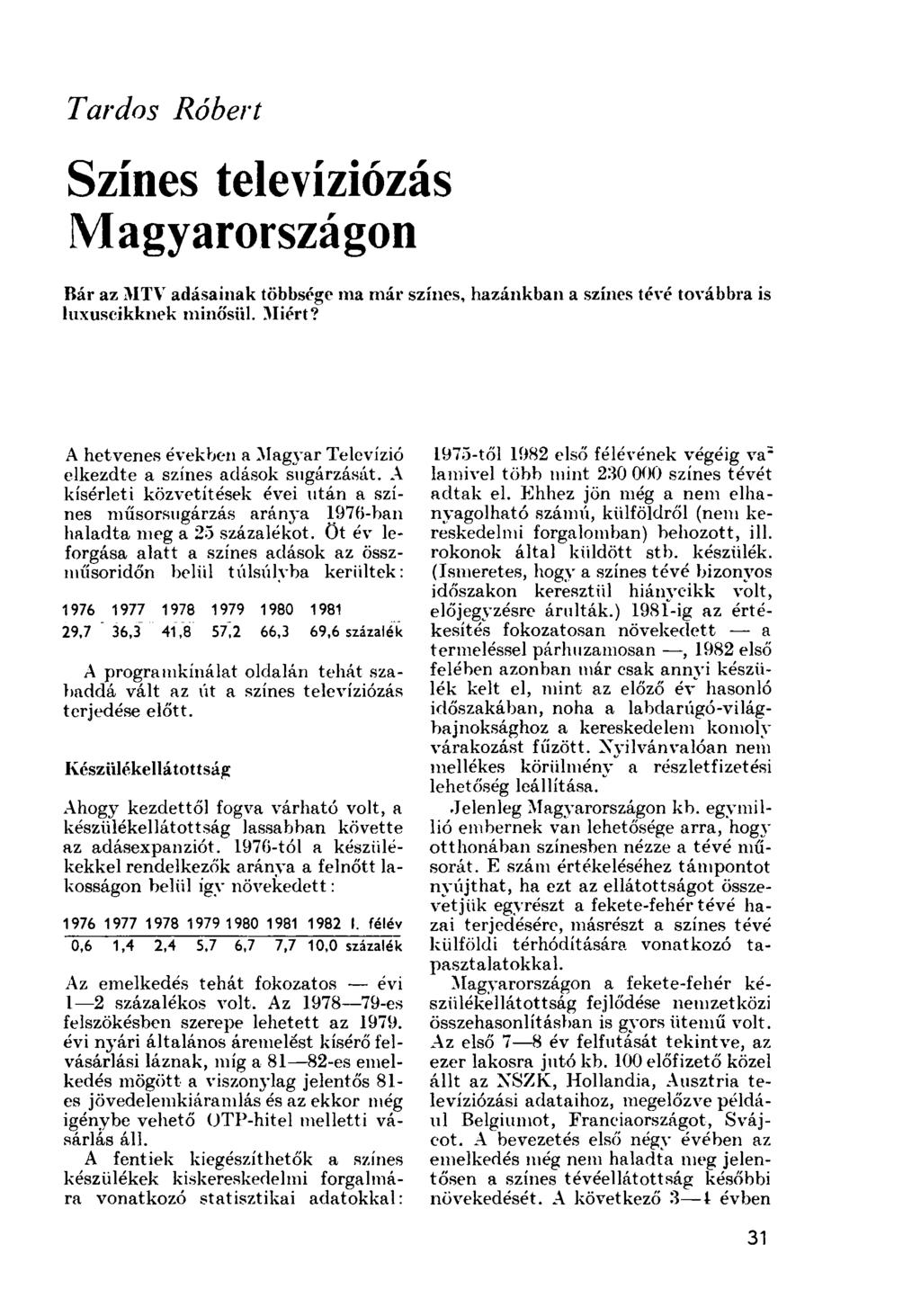 Tardos Róbert Színes televíziózás Magyarországon Bár az MTV adásainak többsége ma már színes, hazánkban a színes tévé továbbra is luxuscikknek minősül. Miért?