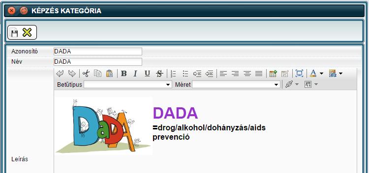 Egy sor kiválasztása, vagy Új elem funkció után a kategória részletes Képzés kategória ablakban szerkeszthető. A leírás a szokásos HTML tartalmi megkötések mellett szerkeszthető.
