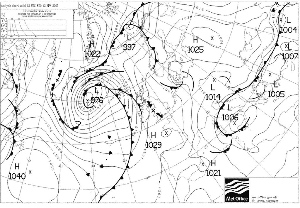 6. ábra. Frontanalíis térkép, 009. április. A Brit-sigetektől nyugatra már láthatóvá válik a mérési expeíció utolsó néhány napjának legmeghatároóbb képőménye, ami egy markáns ciklon.