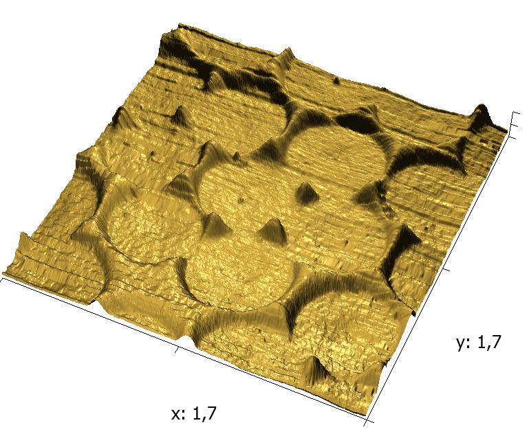 Felületi mintázatképzés nanogömb ( 450 nm) litográfiával AFM analízis: 40 kev Ar +