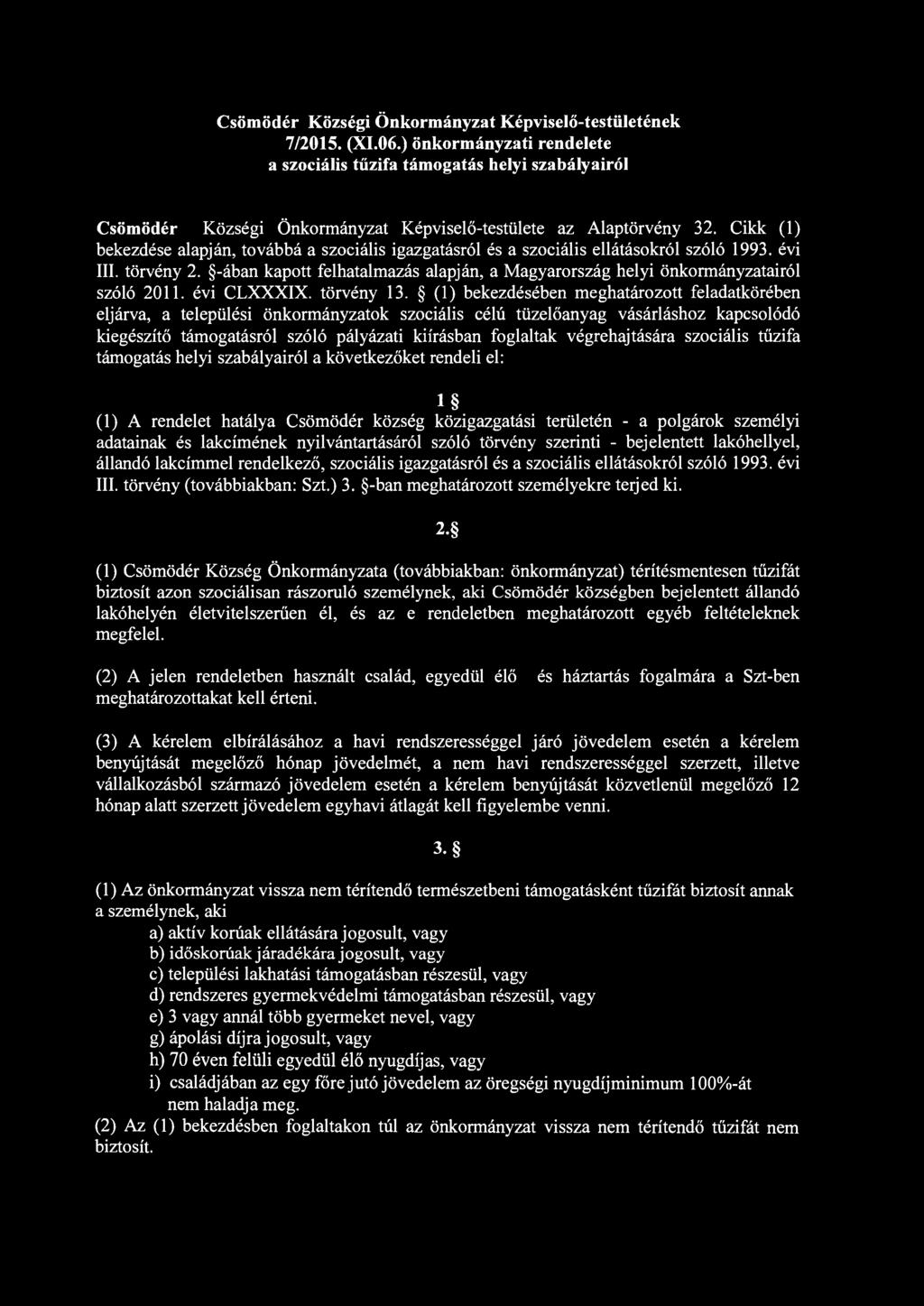 Csömödér Községi Önkormányzat Képviselő-testületének 7/2015. (XI.06.