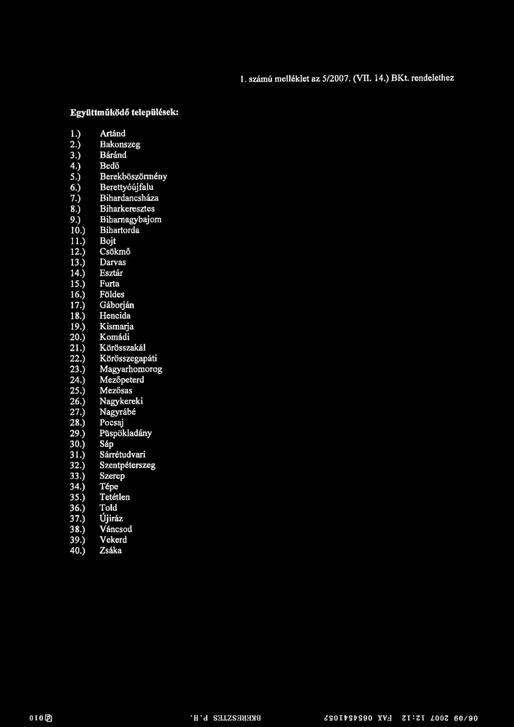 ) Kismarja 20.) Komádi 21.) Körösszakái 22.) Körösszegapáti 23.) Magyarhomorog 24.) Mezőpeterd 25.) Mezősas 26.) Nagykereki 27.) Nagyrábé 28.) Pocsaj 29.) Püspökladány 30.
