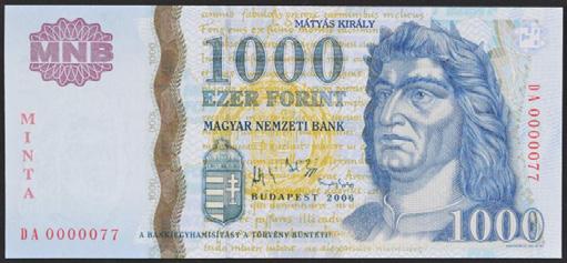 5000 Forint with H 00000702 serial number and 