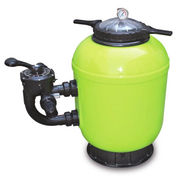 Features: Gel coat fiberglass finish Curved valve connecting elbow to reduce headloss Transparent lid 6 way side mount valve Max operating pressure 6 psi / 2.