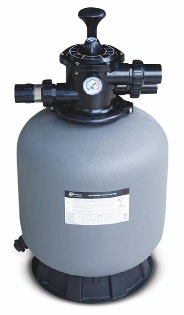 Polyethylene tank, equipped with six-position top valve. For domestic pools, max operation pressure 2,0 bar, max temperature 40 C, suggested size of media 0,5 1,2 mm.