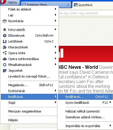 Opera 8/9/10 Válassza ki a "Beállítások" (Preferences) menüpontot