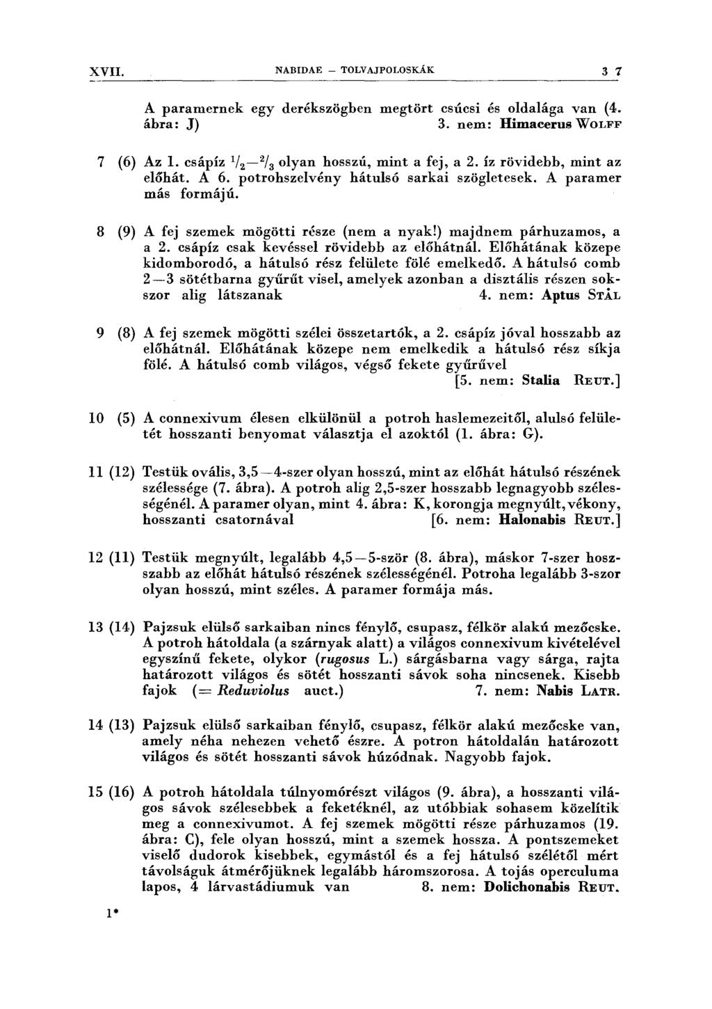 XVII. NABIDAE - TOLV AJPOLOSKÁK 3 1 A pararoernek egy derékszögben megtört csúcsi és oldalága van (4. ábra: J) 3. nem: Himacerus WoLFF 7 (6) Az l. csápíz 1 2 / 2 - / 3 olyan hosszú, mint a fej, a 2.