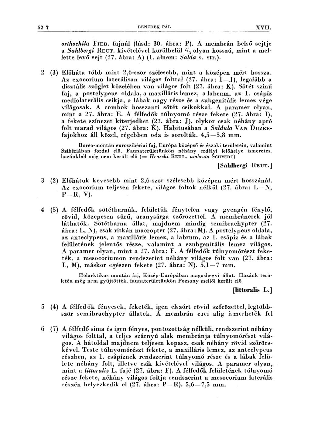 52 7 BENEDEK PÁL XVII. orthochifa FIEB. fajnál (lásd: 30. ábra: P). A membrán belső sejtje a Sahlbergi REUT. kivételével körülbelül 2 / 3 olyan hosszú, mint a mellette levő sejt (27. ábra: A) (l.