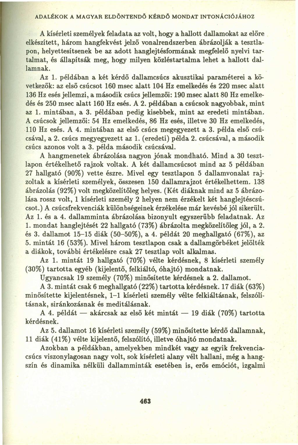 ADALÉKOK A MAGYAR ELDÖNTENDŐ KÉRDŐ MONDAT INTONÁCIÓ JÁHOZ A kísérleti személyek feladata az volt, hogy a hallott dallamokat az előre elkészített, három hangfekvést jelző vonalrendszerben ábrázolják a