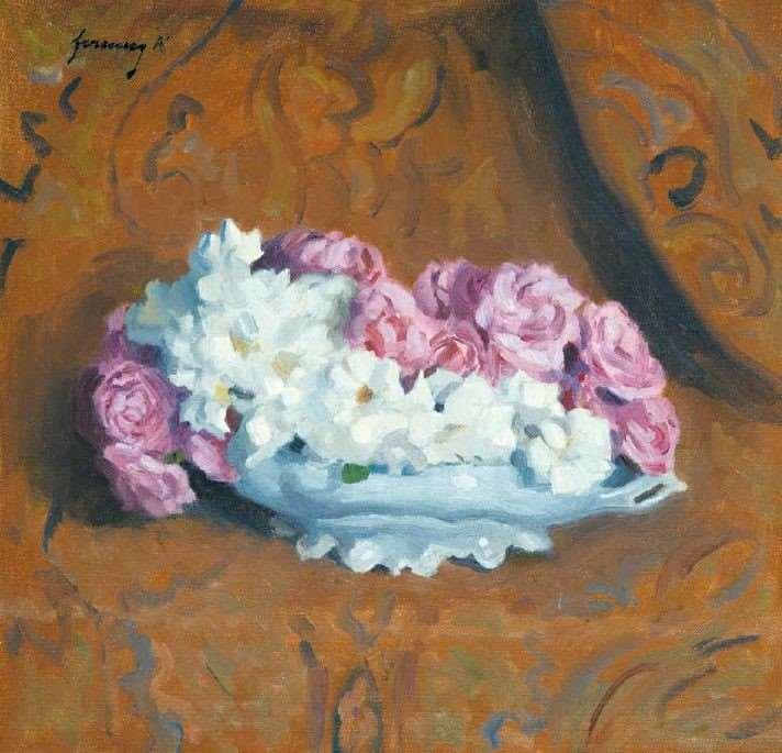 6. Ferenczy Károly (Bécs, 1862 Budapest, 1917): Rózsaszín és fehér rózsák tálon, 1911 (vászon, olaj, 56 x 57 cm, jelezve balra
