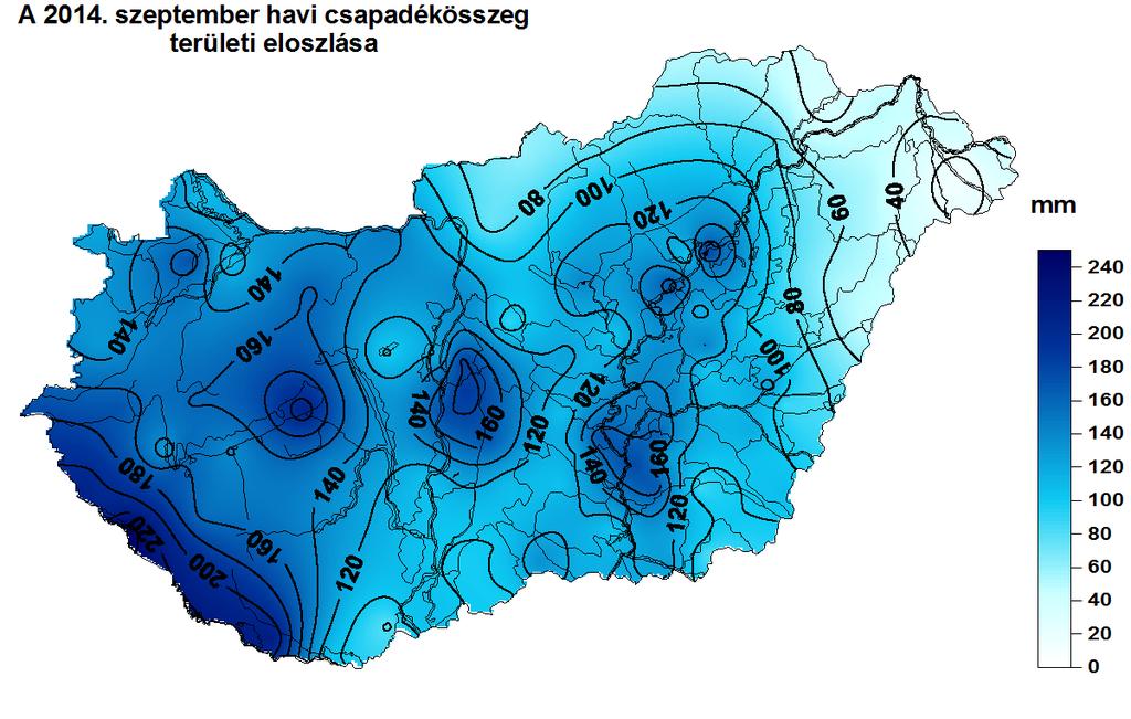 1. HELYZETÉRTÉKELÉS Csapadék 2014 szeptemberében a rendelkezésre álló adatok szerint az ország területére lehullott csapadék mennyisége 9 mm (Fehérgyarmat) és 250 mm (Murakeresztúr) között alakult,