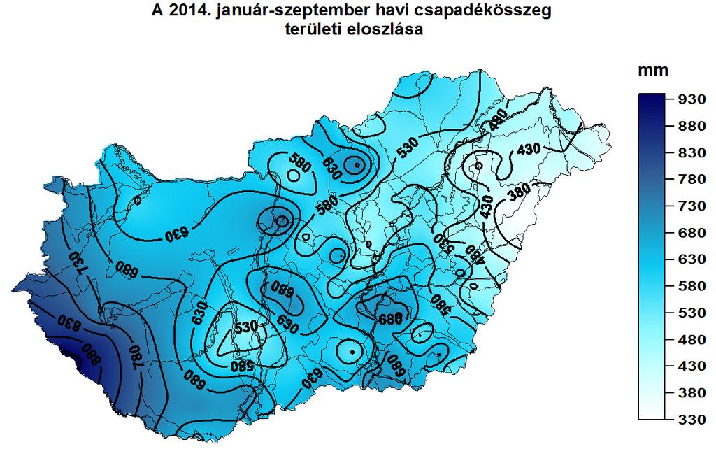 Léghőmérséklet A szeptember havi középhőmérséklet 12,0 C (Kékestető) és 17,8 C (Hercegszántó, Öregcsertő Csorna-puszta, Orosháza) között alakult, az országos területi átlagérték 16,4 C volt, ami 0,9