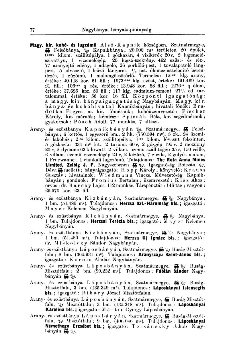 178 Nagybányai bányakapitányság. Magy. kir. kohó- és lugzómü Alsó-Kapnik községben, Szatmármegye, SS Felsőbánya, fa Kapnikbánya; '20.000 m 2 területen 20 épület, ().2i»o kilom.