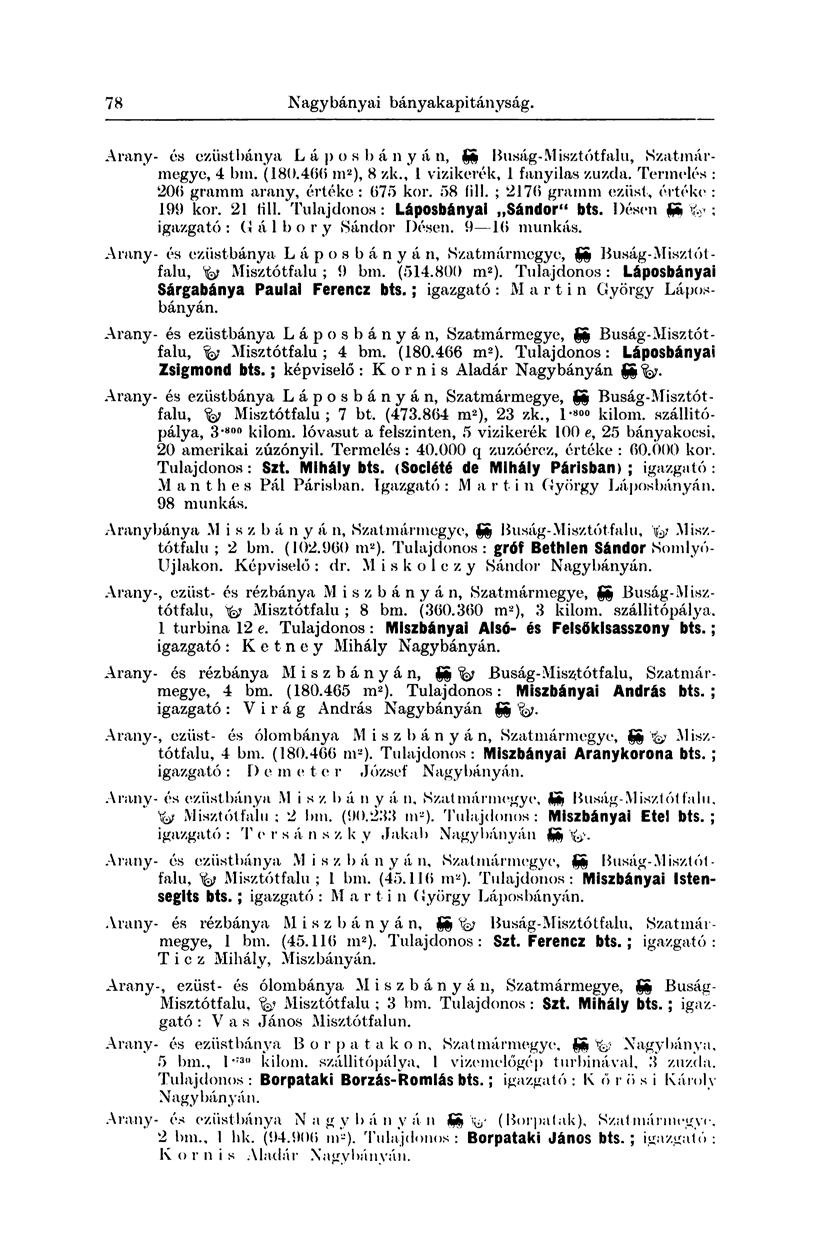 180 Nagybányai bányakapitányság. Arany- és ezüstbánya Lápos b á n y á ti, SS Buság-Misztótfalu, Szatmármegye, 4 bm. (180.40(5 m 2 ), 8 zk., 1 vizikerék, 1 fanyilas zúzda.