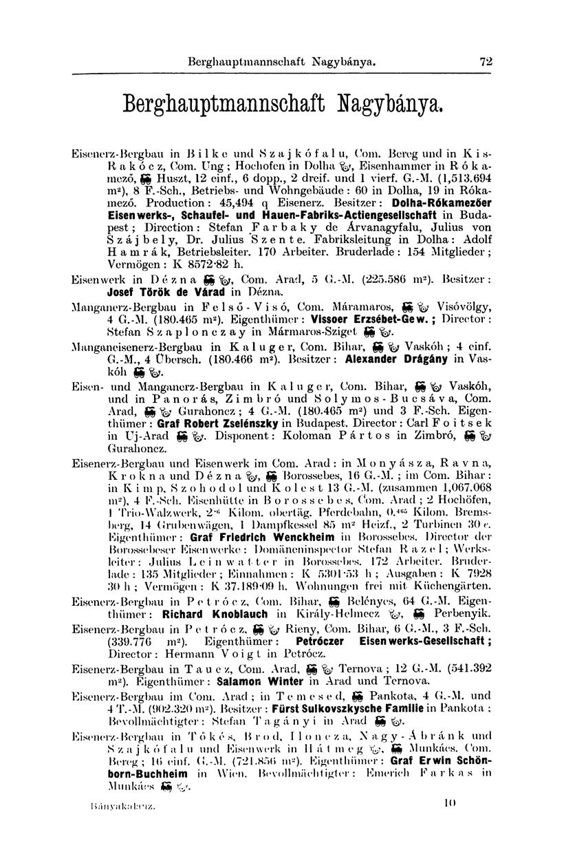 Berghau ptmannschaft Nagybánya. 77 Berghauptmannschaft Nagybánya, Eisenerz-Bergbau in B i 1 k e und S z a j k ó f a 1 u, Com. Bereg und in K i s- R a kócz, Com.